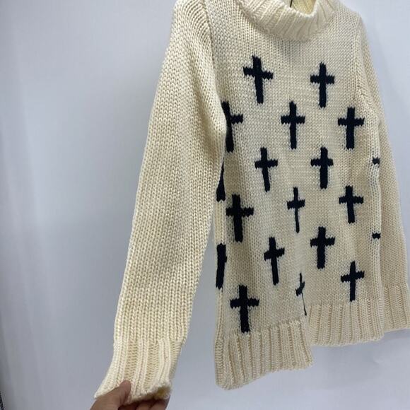 Glamorous cream black cross mock neck wool blend longline sweater fall oversized - Picture 4 of 5